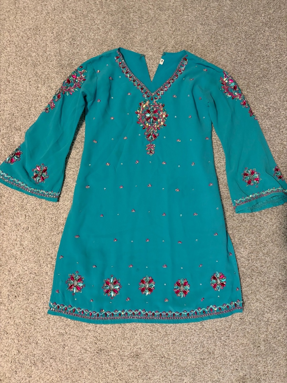 Embellished Teal V-Neck Dress